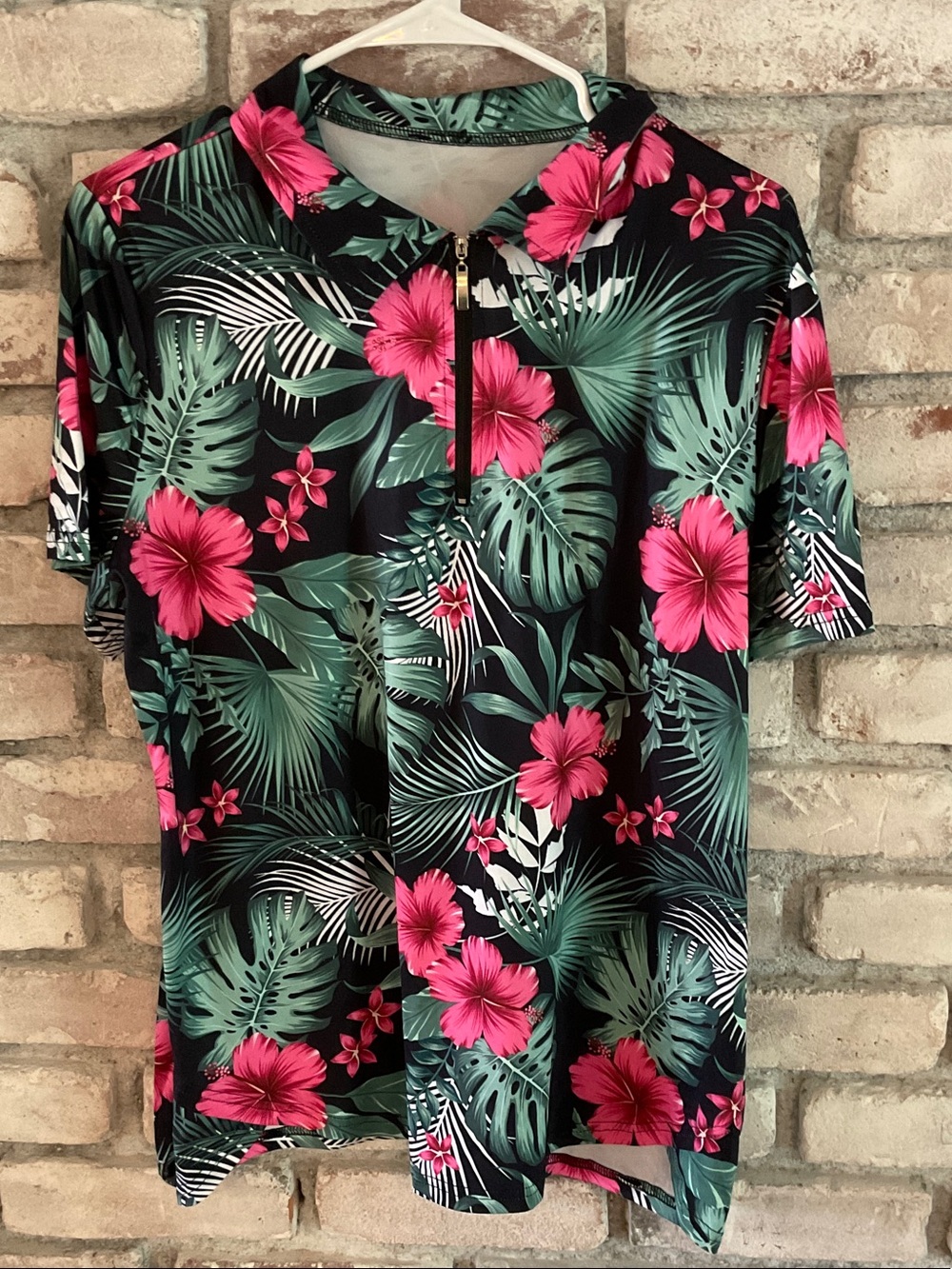Women’s Tropical Floral Short Sleeve Golf Shirt - Black with Pink & Green
